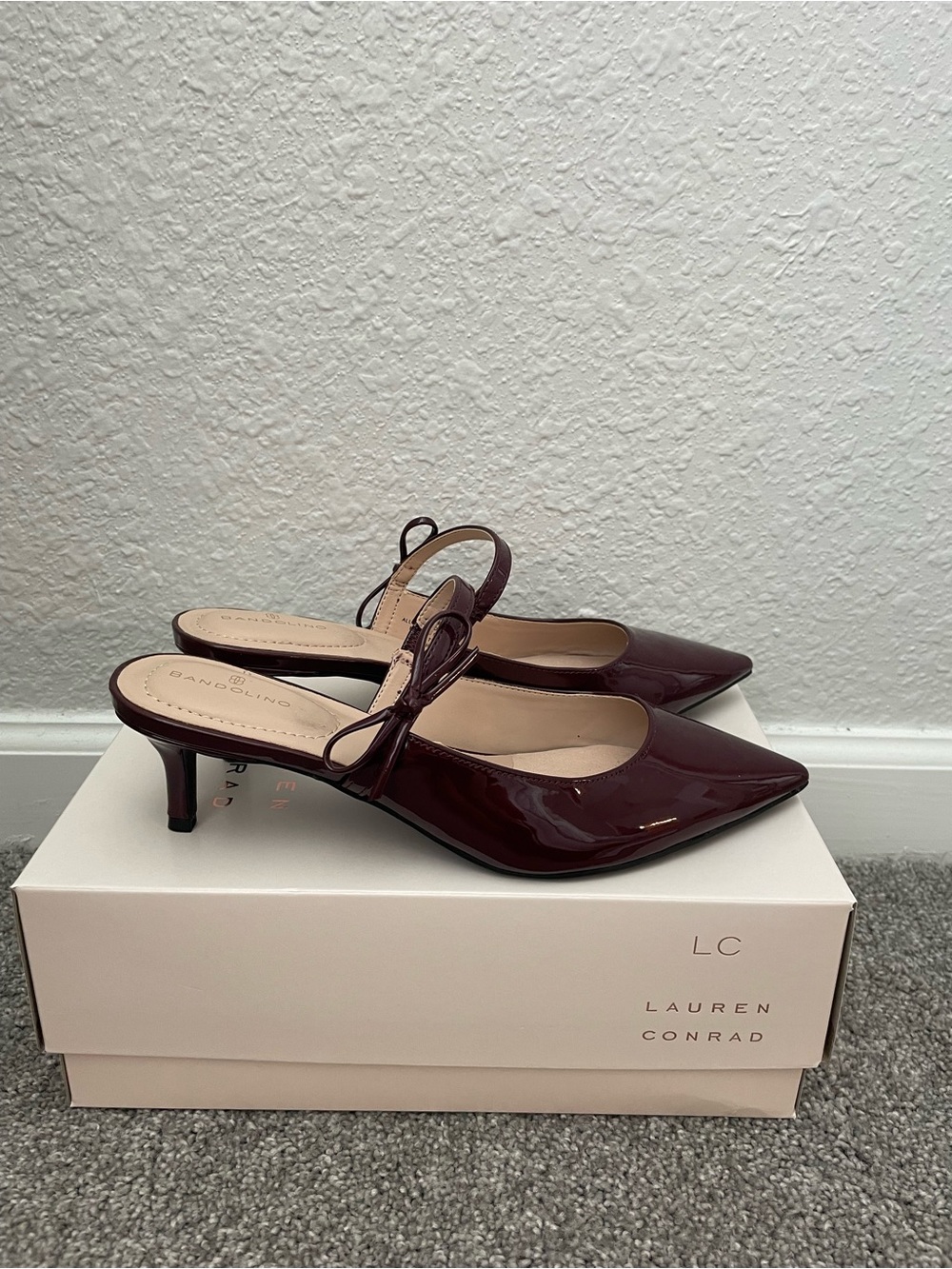 NWOT Faux Leather Patent Pointed Slingback Mules | Burgundy